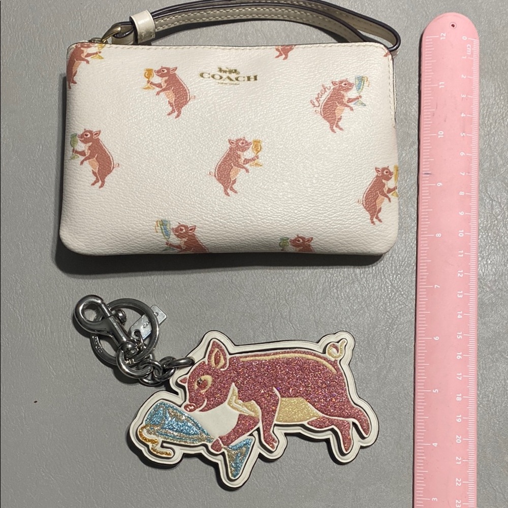 Coach Party Pig Print Wristlet and Keychain Set - White and Pink